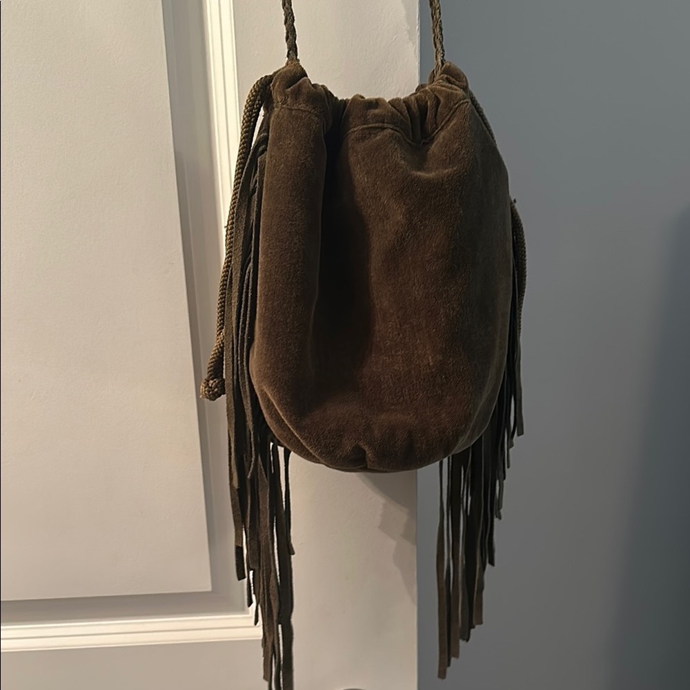 Green boho velvet fringe cross body bag